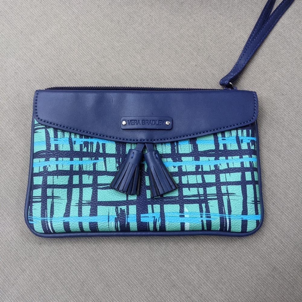 Vera Bradley Tassel Wristlet Navy/Teal Art Plaid